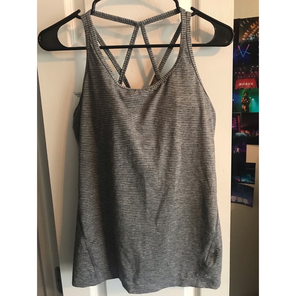 Grey & White Striped CrissCross Back Tank